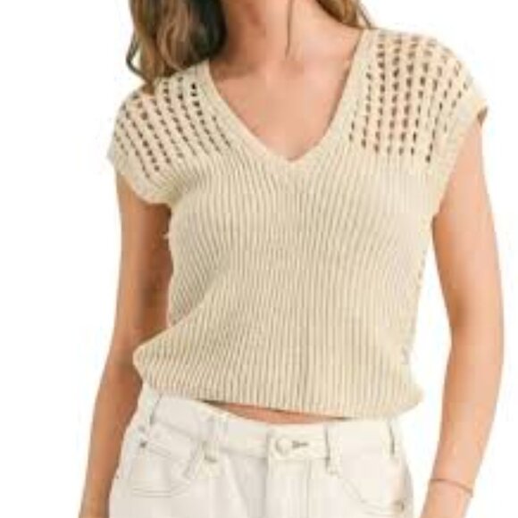 Miou Muse Beige Knit Sleeveless Reversible Crochet Top Size Medium - Picture 1 of 8